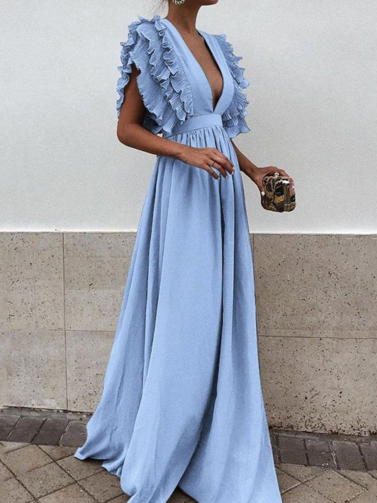 Ruffle Sleeve Plunge V-neck Solid Maxi Dress Tiynon