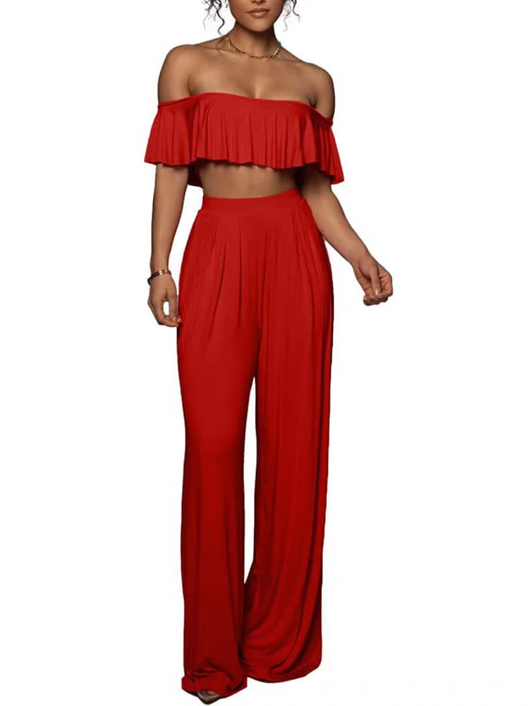 Ruffle Strapless Crop Top Wide Leg Long Pant Suits Tiynon