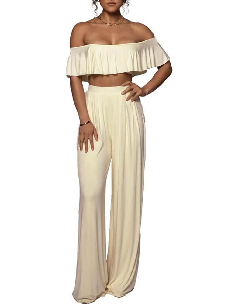 Ruffle Strapless Crop Top Wide Leg Long Pant Suits Tiynon