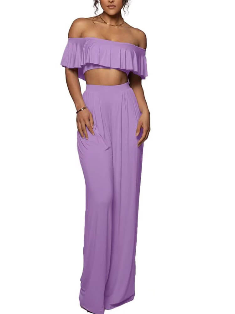 Ruffle Strapless Crop Top Wide Leg Long Pant Suits Tiynon