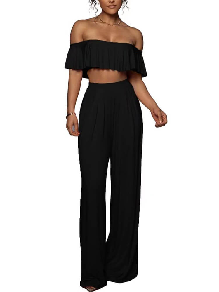 Ruffle Strapless Crop Top Wide Leg Long Pant Suits Tiynon