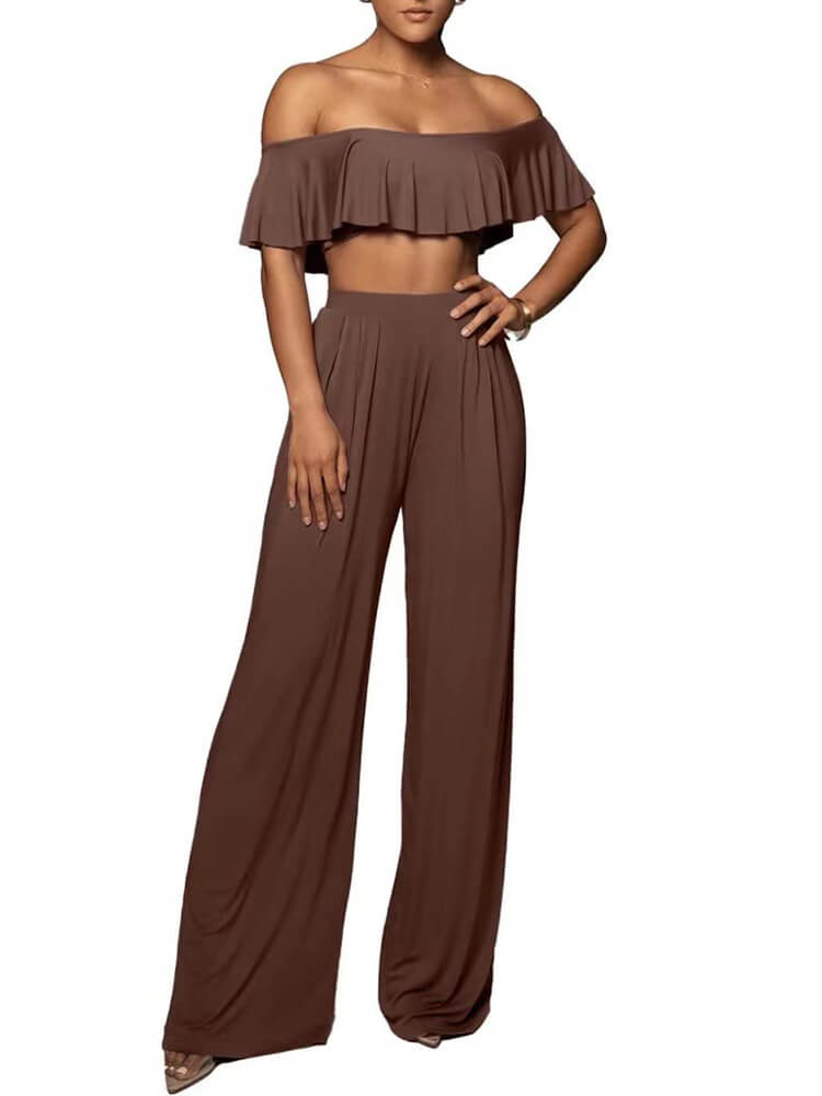 Ruffle Strapless Crop Top Wide Leg Long Pant Suits Tiynon