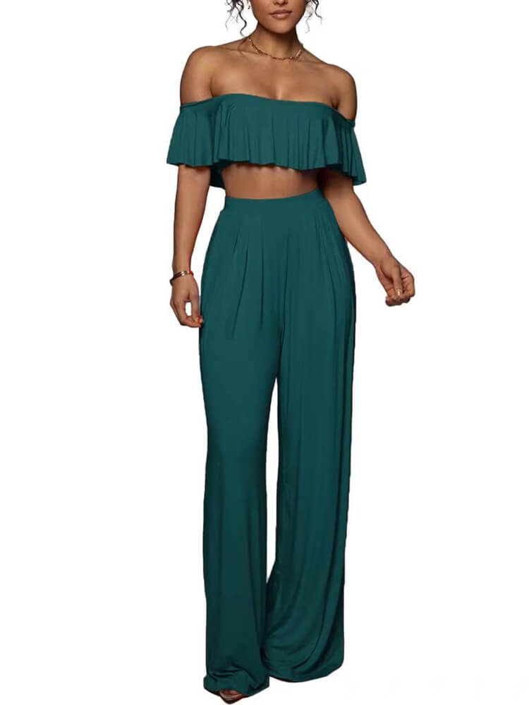 Ruffle Strapless Crop Top Wide Leg Long Pant Suits Tiynon