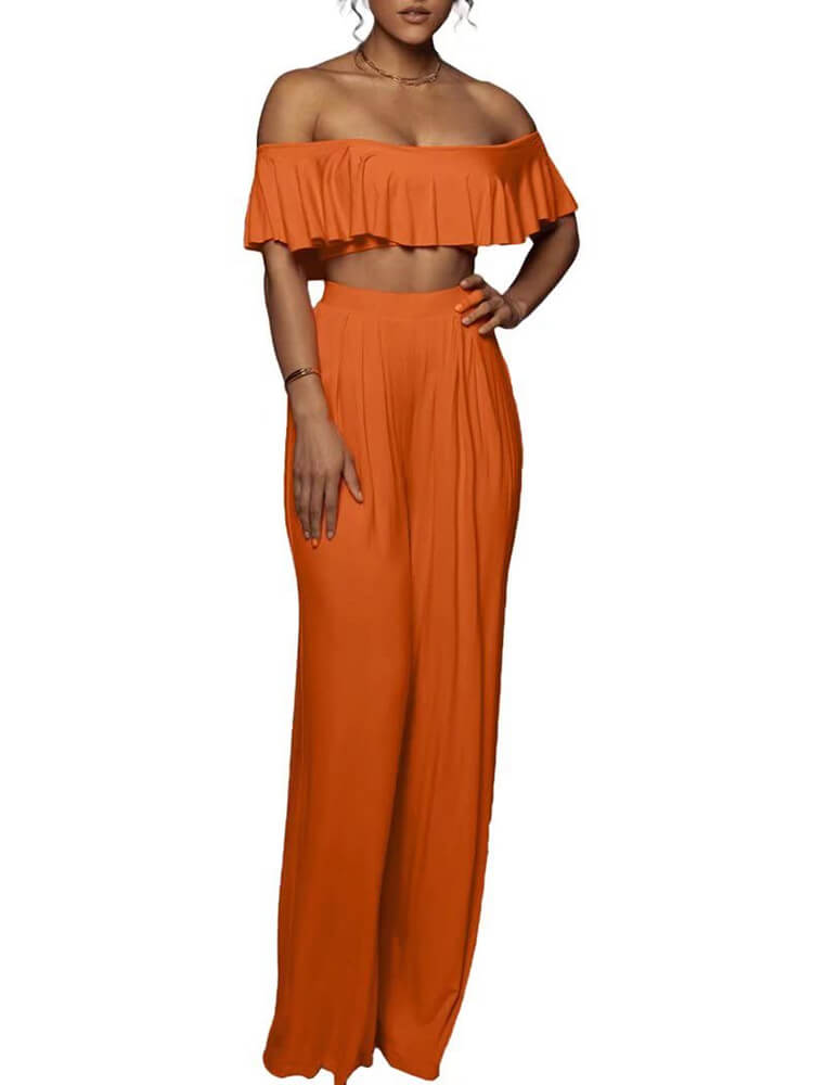 Ruffle Strapless Crop Top Wide Leg Long Pant Suits Tiynon