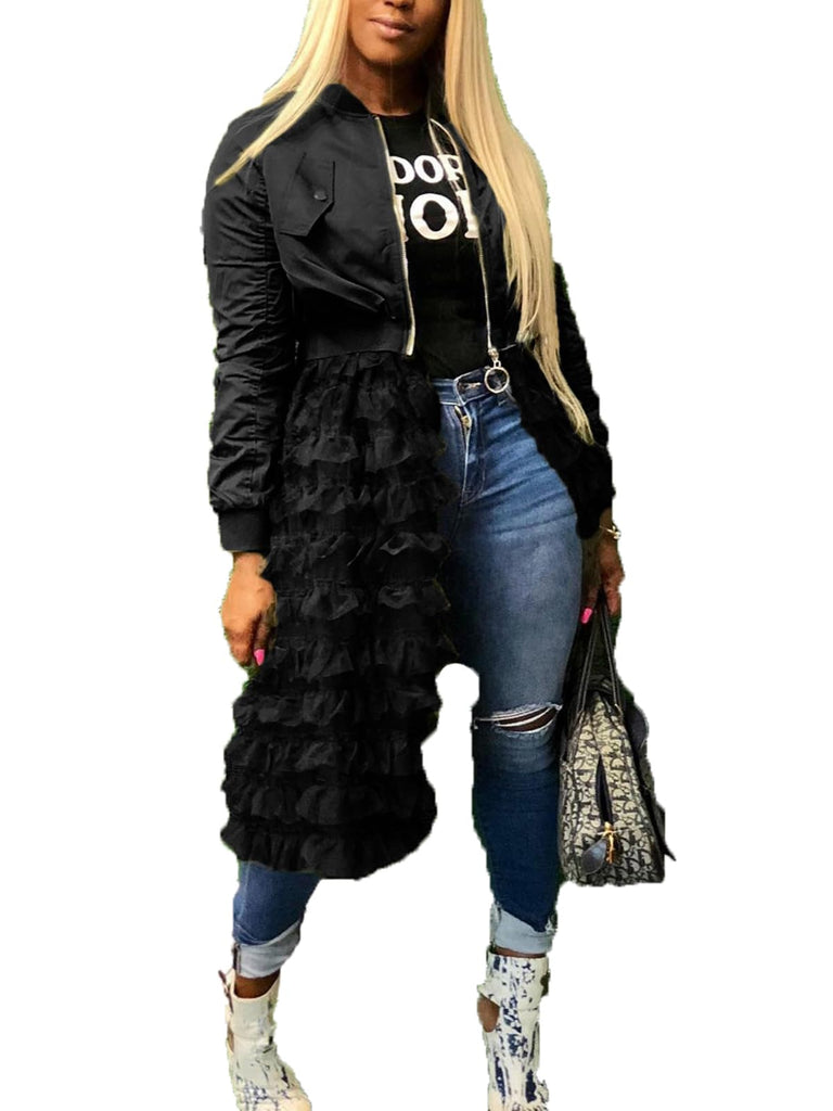 Tulle Mesh Patchwork Long Sleeve Zipper Jacket