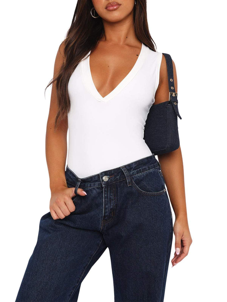 V Neck Sleeveless Solid Bodysuit