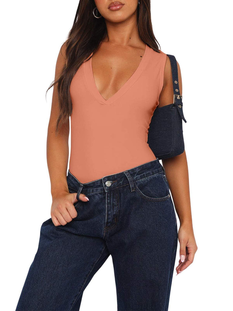 V Neck Sleeveless Solid Bodysuit