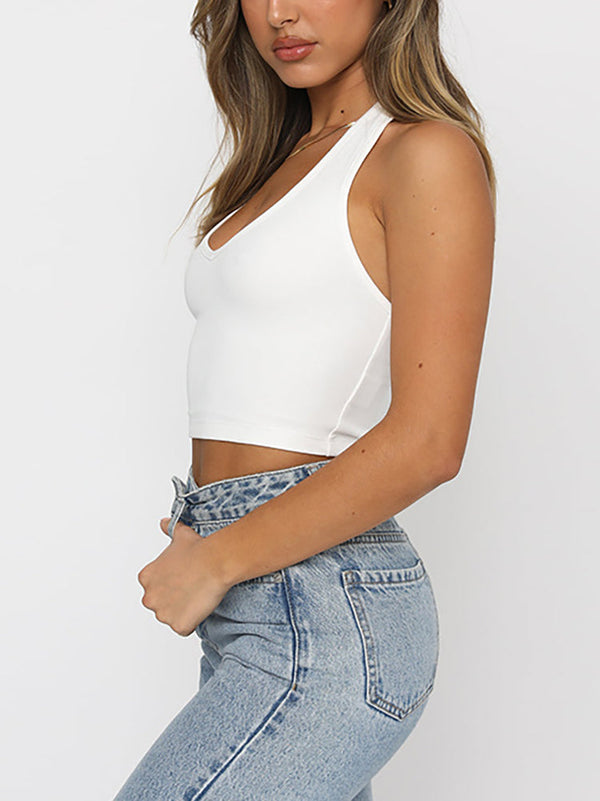 Solid Color Halter Neck Crop Top