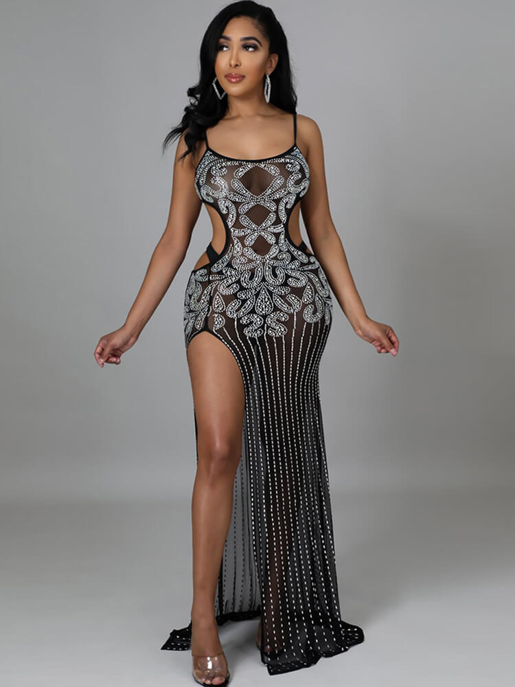 Sequin Mesh Spaghetti Strap Cut Out Split Maxi Dress Tiynon