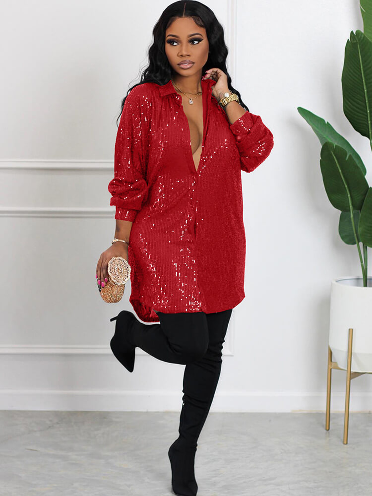 Sequin Patchwork Long Sleeve Bodycon Shirts Tiynon