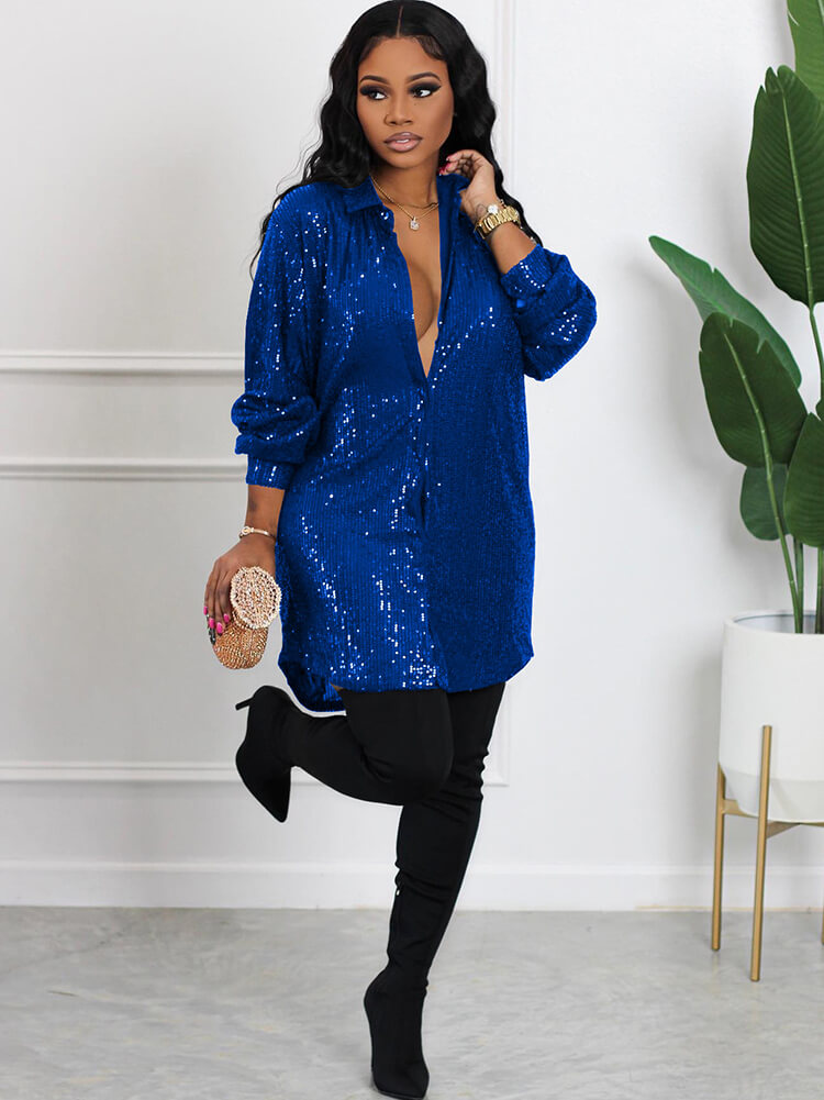 Sequin Patchwork Long Sleeve Bodycon Shirts Tiynon