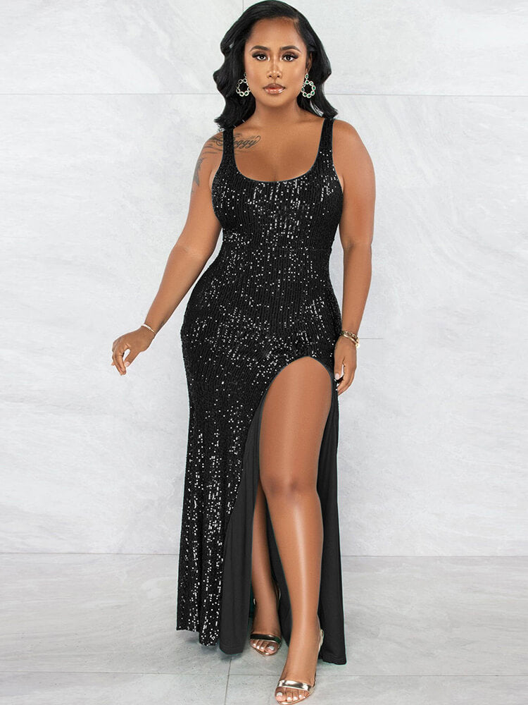 Sequin Sleevelesss Split Bodycon Maxi Dresses Tiynon