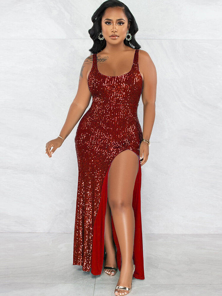 Sequin Sleevelesss Split Bodycon Maxi Dresses Tiynon