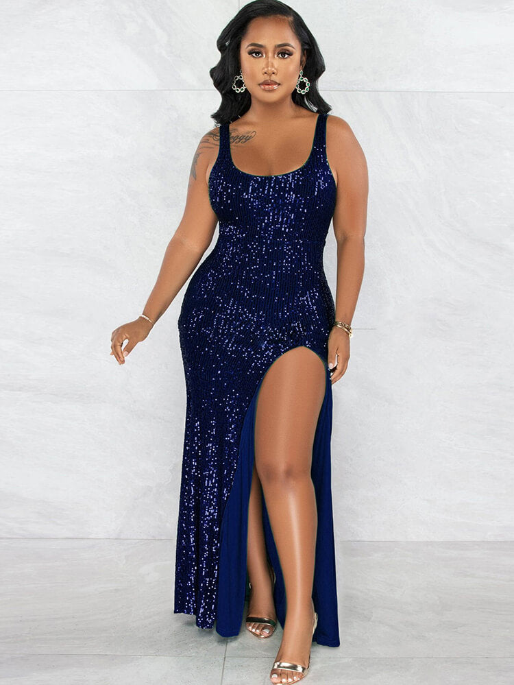 Sequin Sleevelesss Split Bodycon Maxi Dresses Tiynon