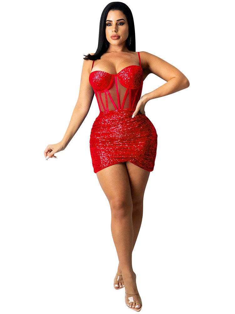 Sequin Spaghetti Straps Mesh Mini Dresses Tiynon