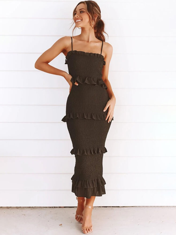 Shirred Spaghetti Strap Tiered Layered Ruffle Dresses Tiynon