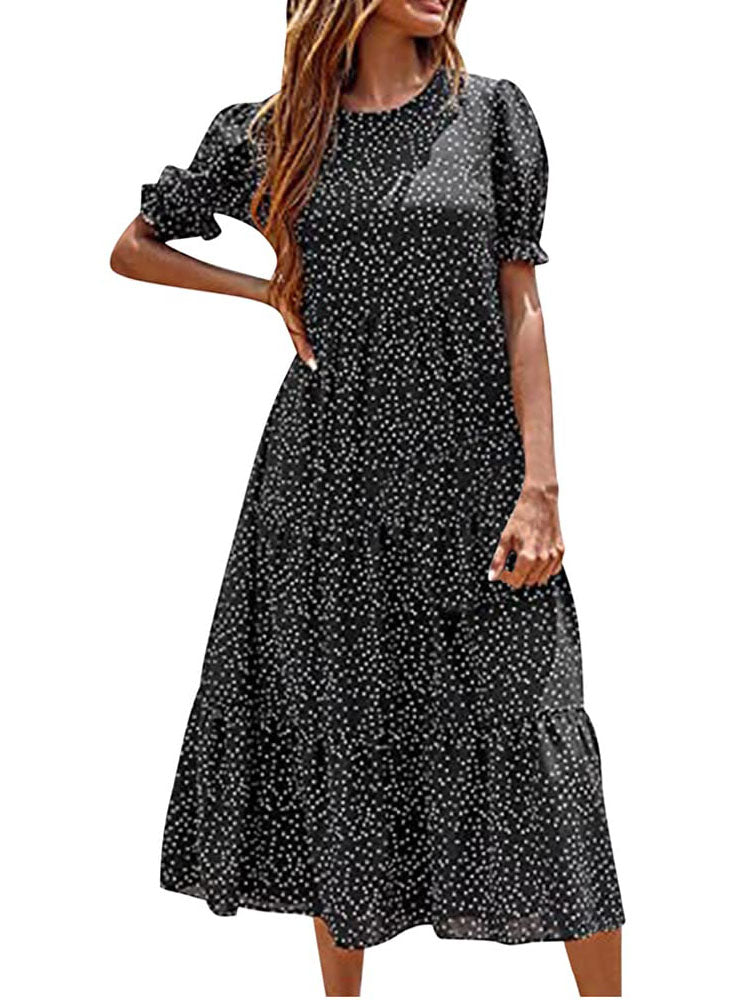 Short Sleeve Ruffle Bohemian Midi Dresses Tiynon