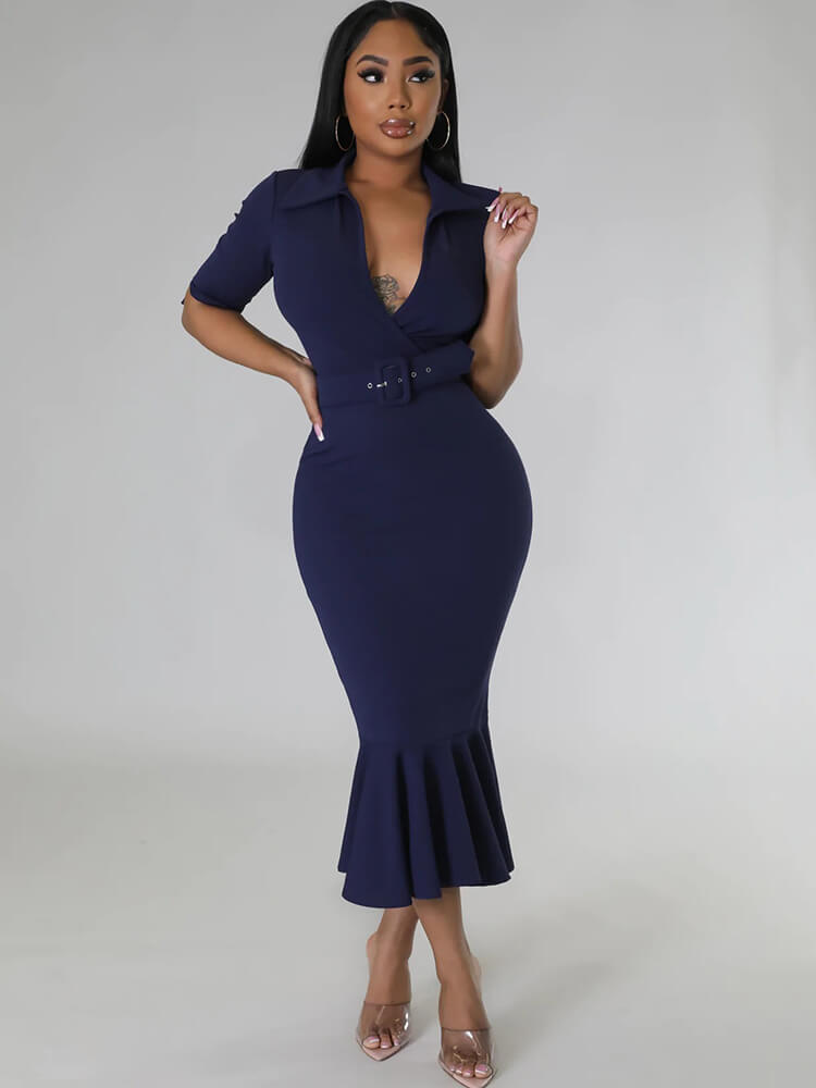 Short Sleeve V Neck Bodycon Midi Dresses Tiynon