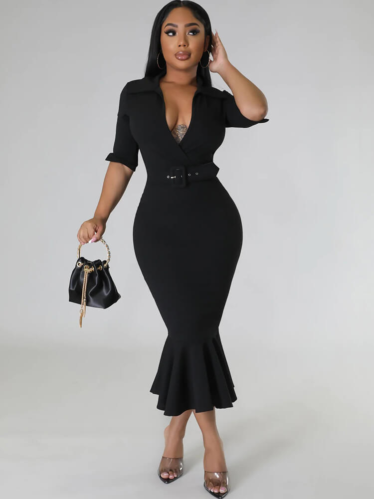 Short Sleeve V Neck Bodycon Midi Dresses Tiynon