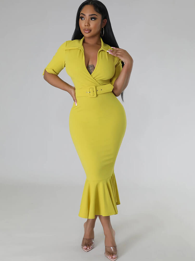 Short Sleeve V Neck Bodycon Midi Dresses Tiynon