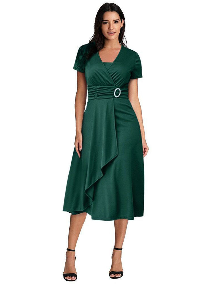 Short Sleeve V Neck Midi Dresses Tiynon