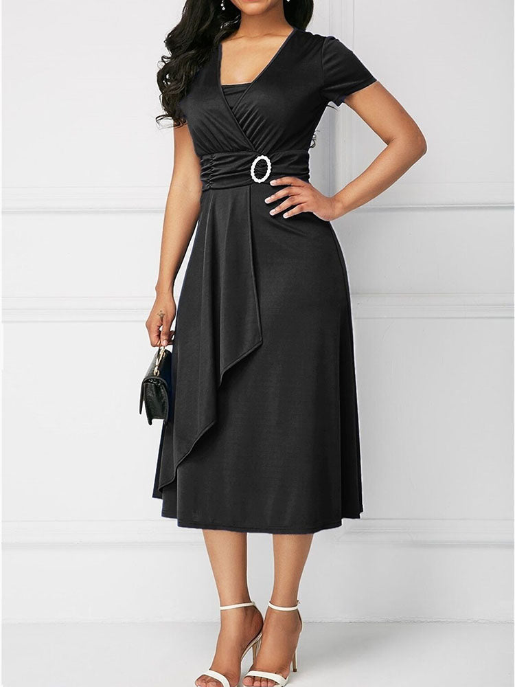 Short Sleeve V Neck Midi Dresses Tiynon