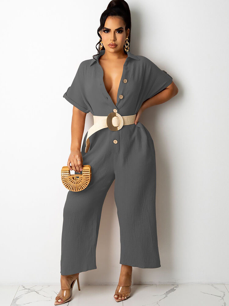 Short Sleeves Button Down Jumpsuits with Pockets Tiynon