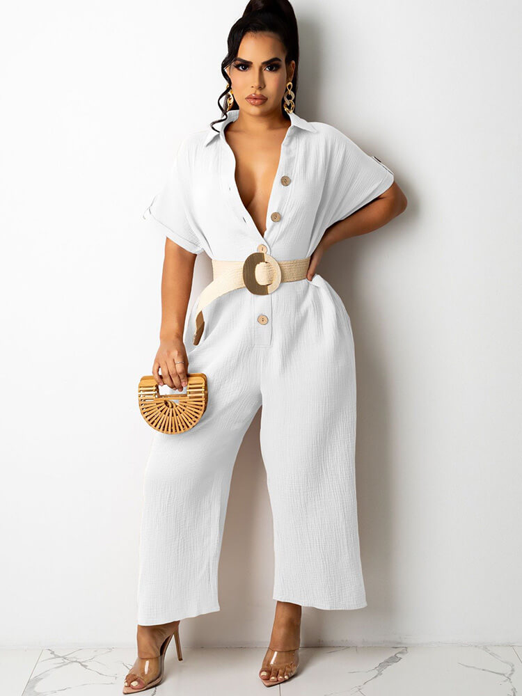 Short Sleeves Button Down Jumpsuits with Pockets Tiynon