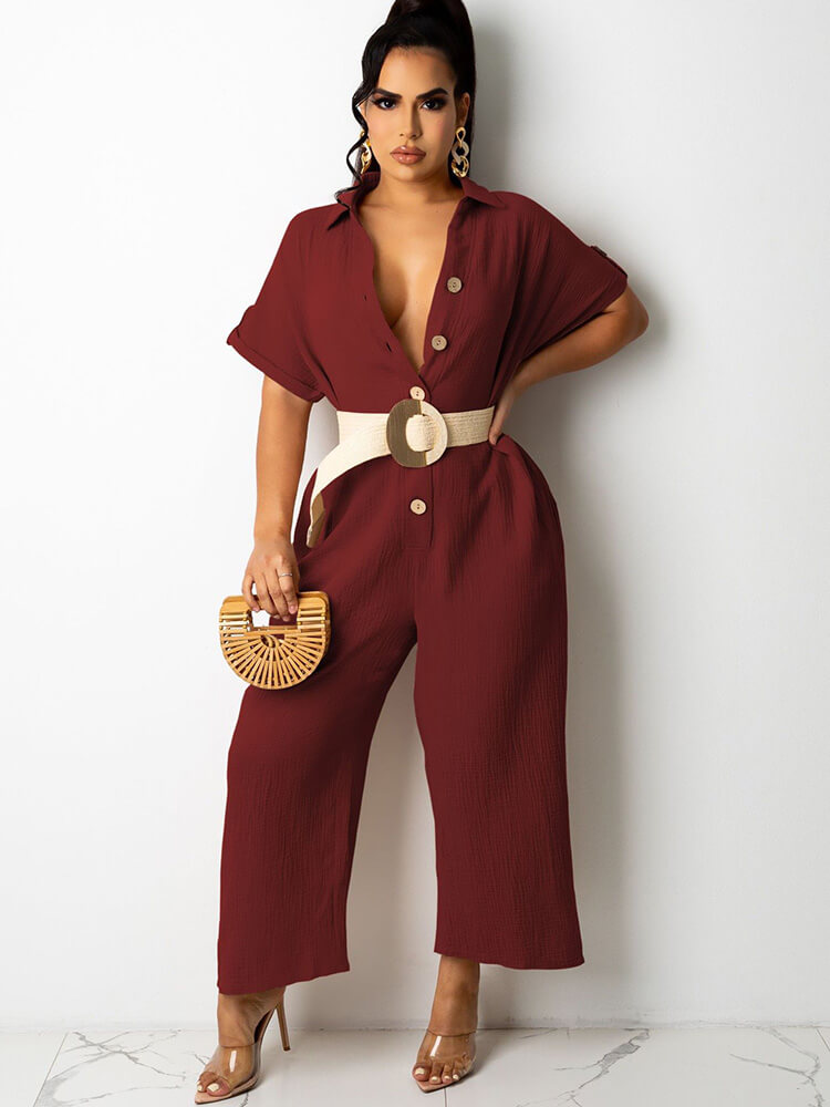 Short Sleeves Button Down Jumpsuits with Pockets Tiynon