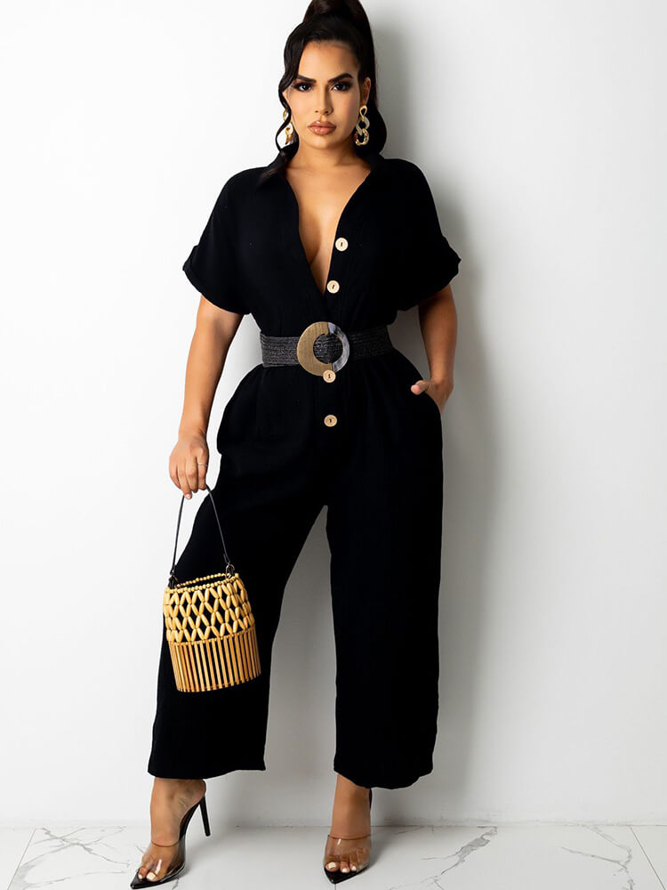 Short Sleeves Button Down Jumpsuits with Pockets Tiynon