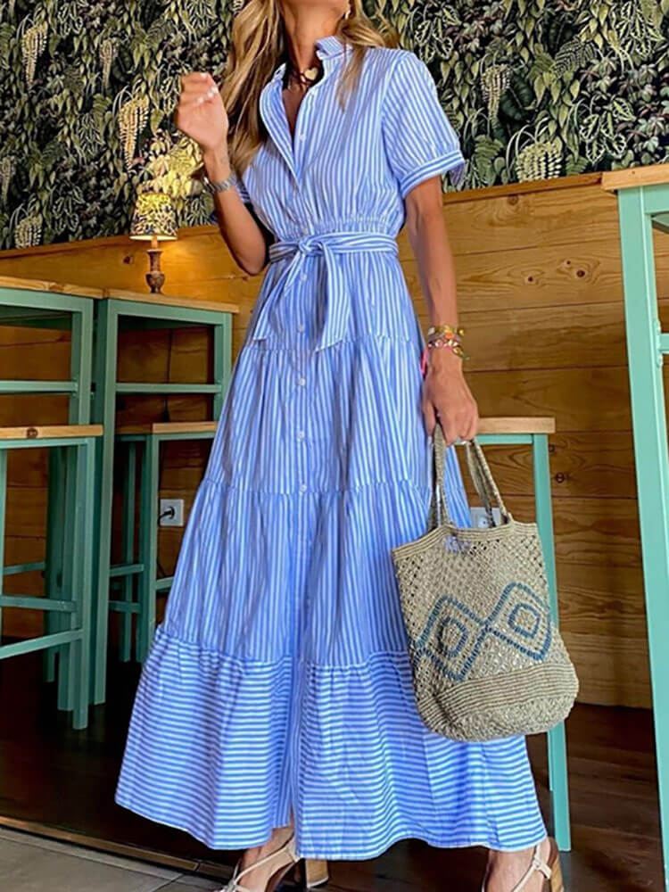 Short Sleeves Striped Belted Maxi Shirt Dresses Tiynon