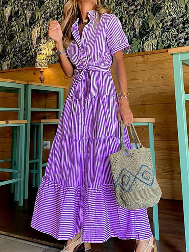 Short Sleeves Striped Belted Maxi Shirt Dresses Tiynon