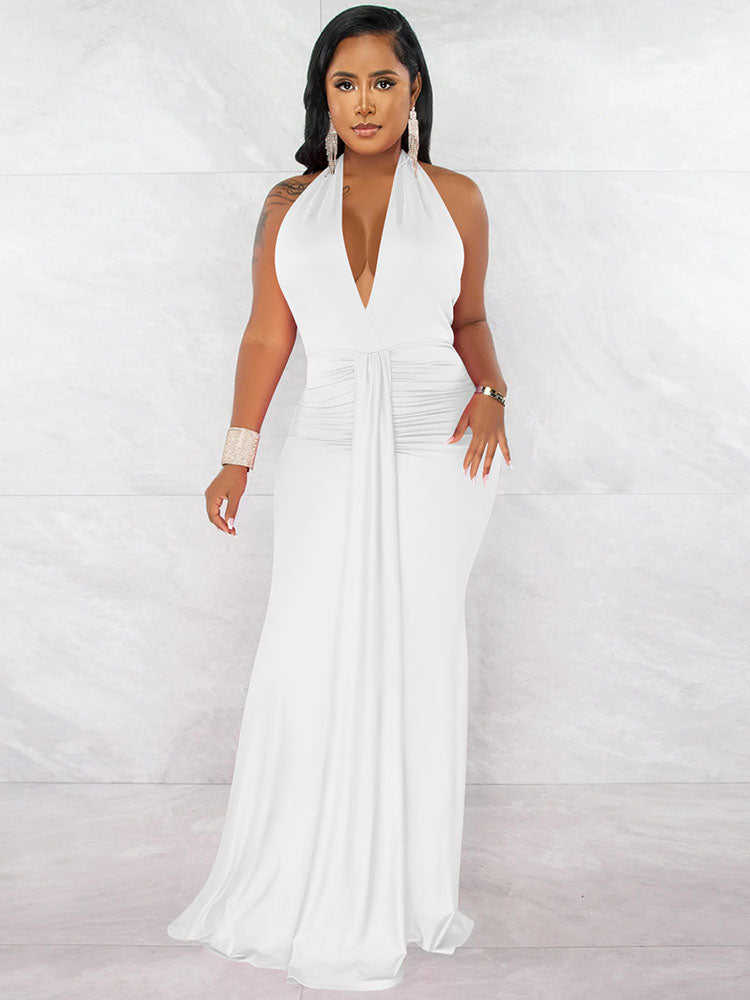 Sleeveless Halter Neck Ruched Bodycon Maxi Dresses Tiynon