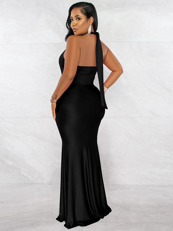 Sleeveless Halter Neck Ruched Bodycon Maxi Dresses Tiynon