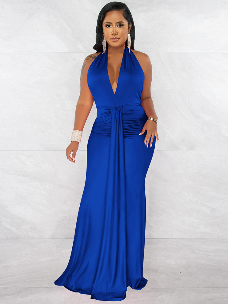 Sleeveless Halter Neck Ruched Bodycon Maxi Dresses Tiynon