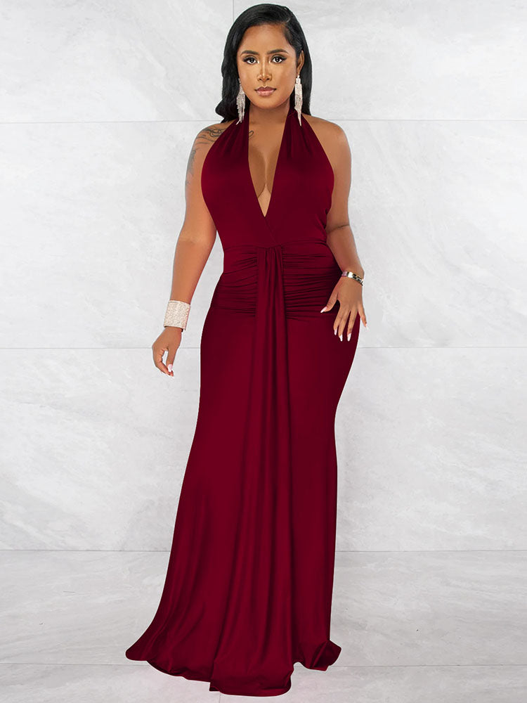 Sleeveless Halter Neck Ruched Bodycon Maxi Dresses Tiynon