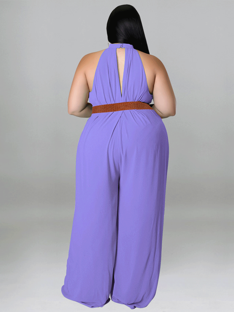 Sleeveless Halter Wide Leg Jumpsuit With Belt Tiynon