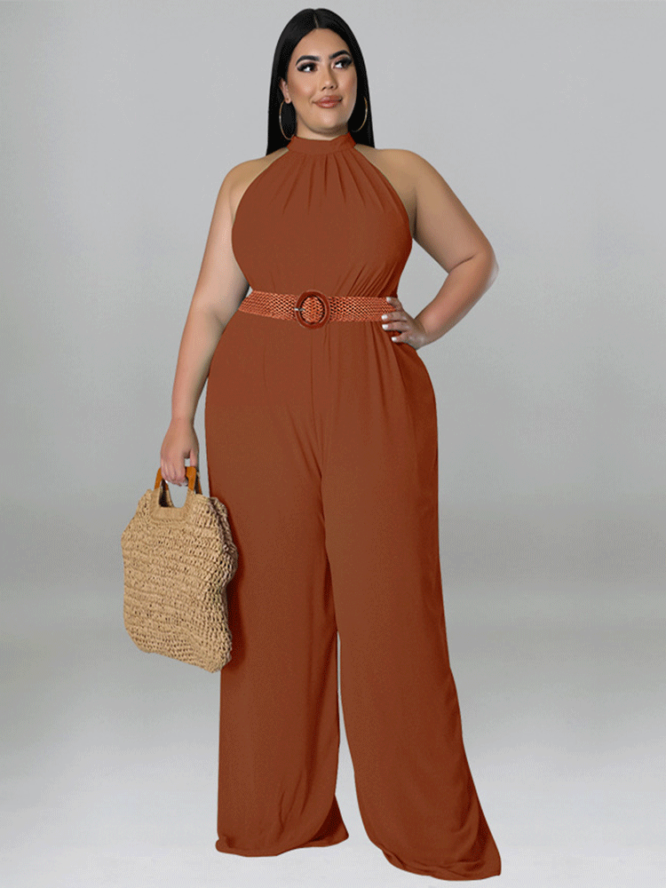 Sleeveless Halter Wide Leg Jumpsuit With Belt Tiynon