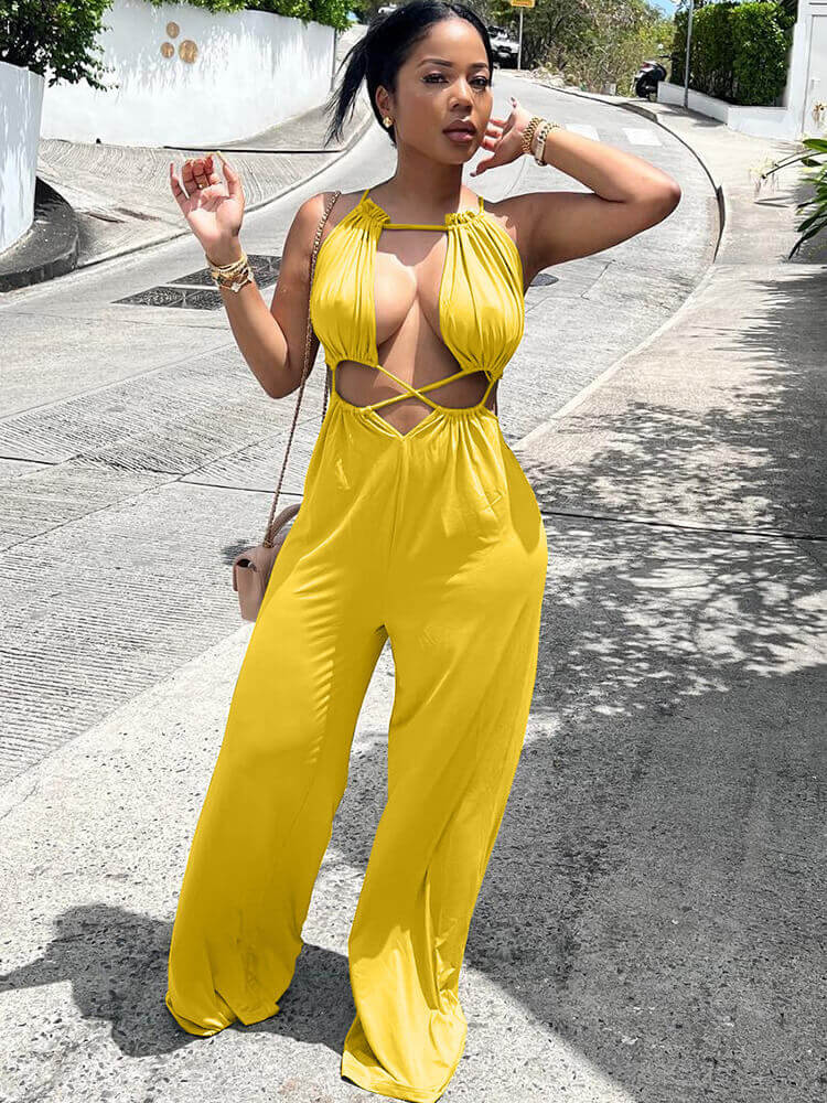 Sleeveless Lace Up Wide Leg Jumpsuits Tiynon