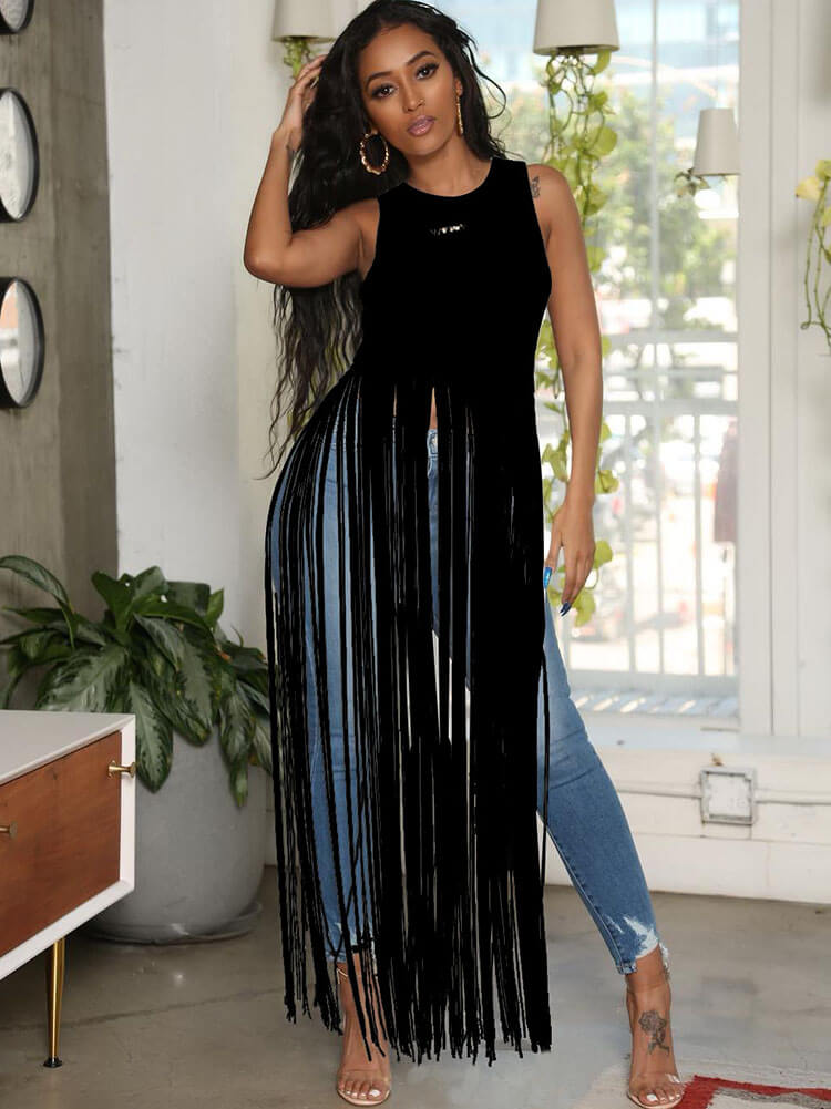 Sleeveless Long Tassel Tops Tiynon