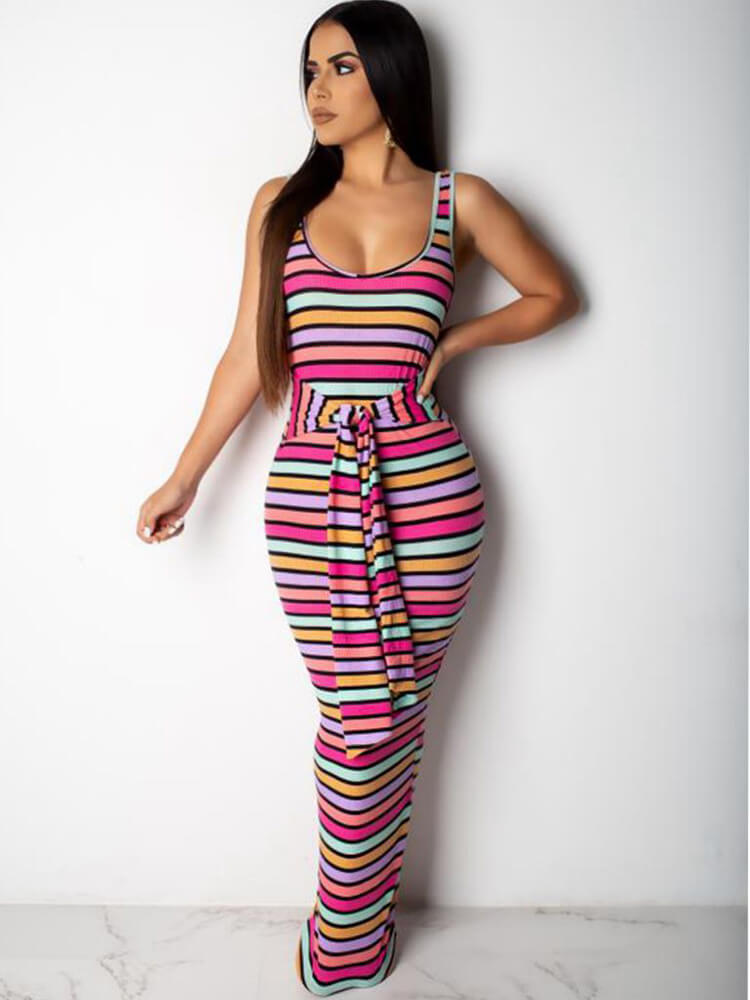 Sleeveless Rainbow Stripe Print Tie Bodycon Tank Dresses Tiynon