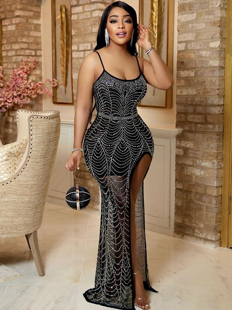 Sleeveless Rhinestone Mesh Patchwork Maxi Dresses Tiynon