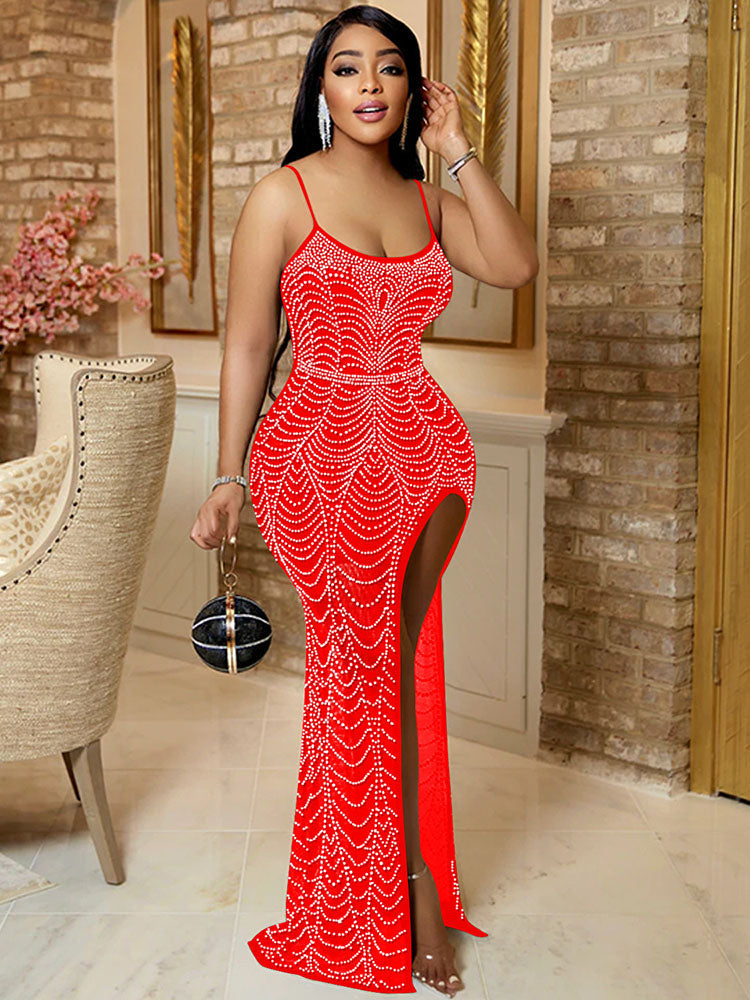 Sleeveless Rhinestone Mesh Patchwork Maxi Dresses Tiynon