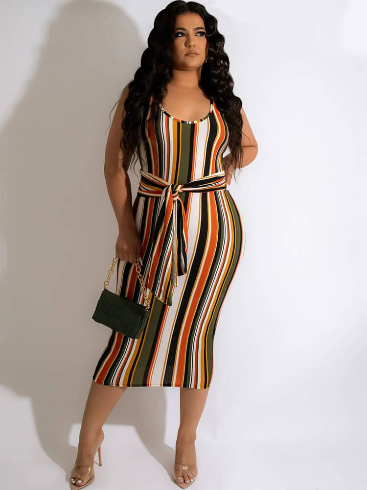 Sleeveless Striped Print Lace Up Midi Dresses Tiynon