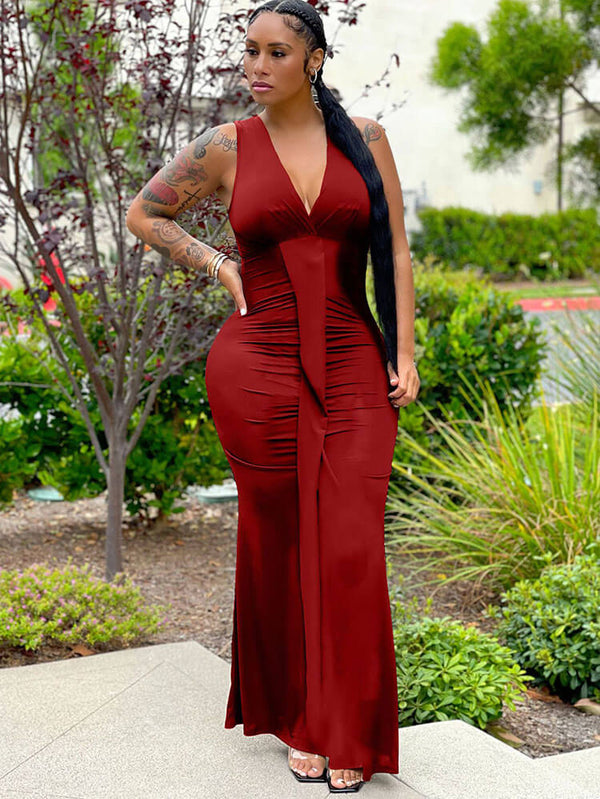 Sleeveless V Neck High Waist Maxi Dresses Tiynon