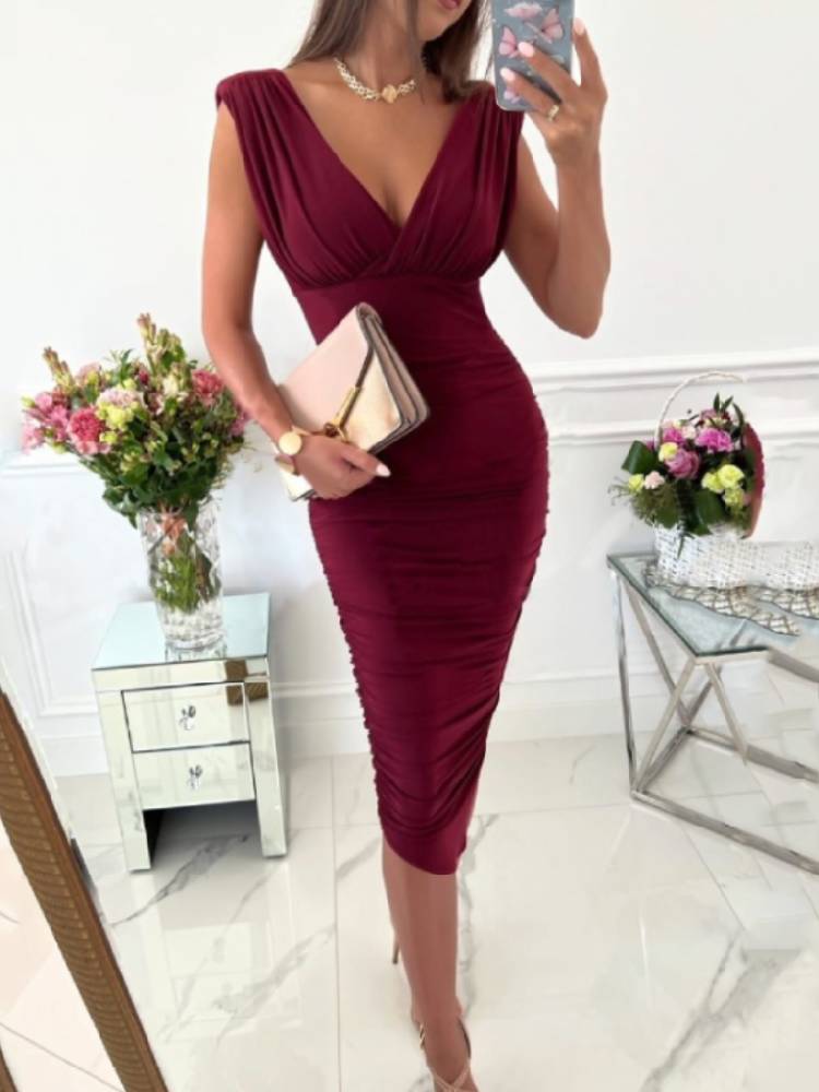 Sleeveless V Neck Ruched Midi Dresses Tiynon