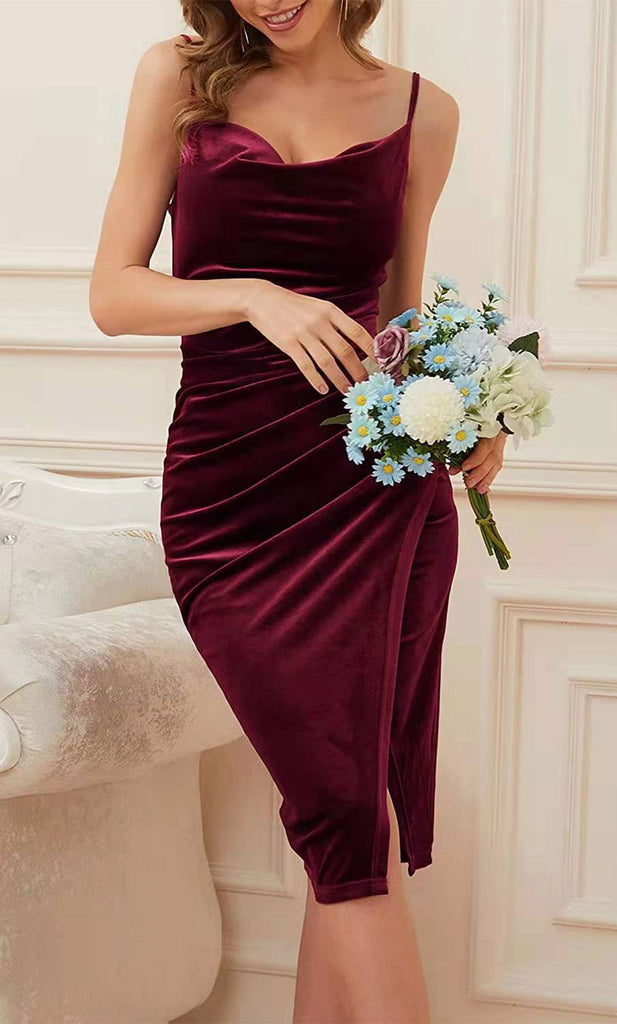 Sleeveless Velvet Ruched Split Midi Dresses Tiynon