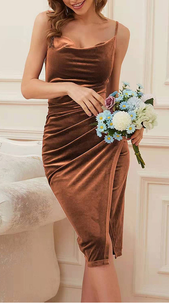 Sleeveless Velvet Ruched Split Midi Dresses Tiynon