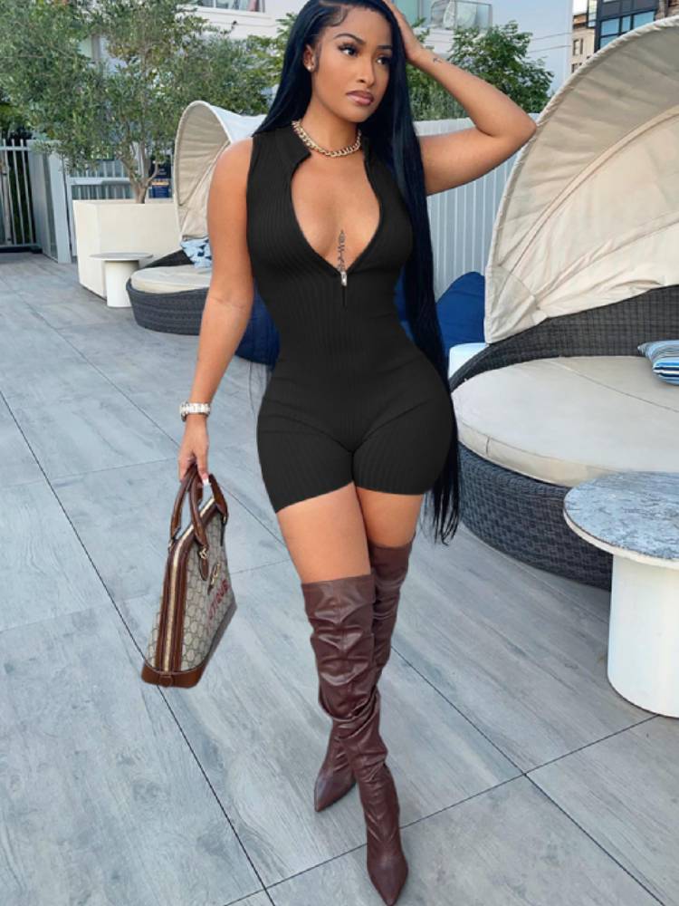 Sleeveless Zipper Ribbed Bodycon Jumpsuits Tiynon