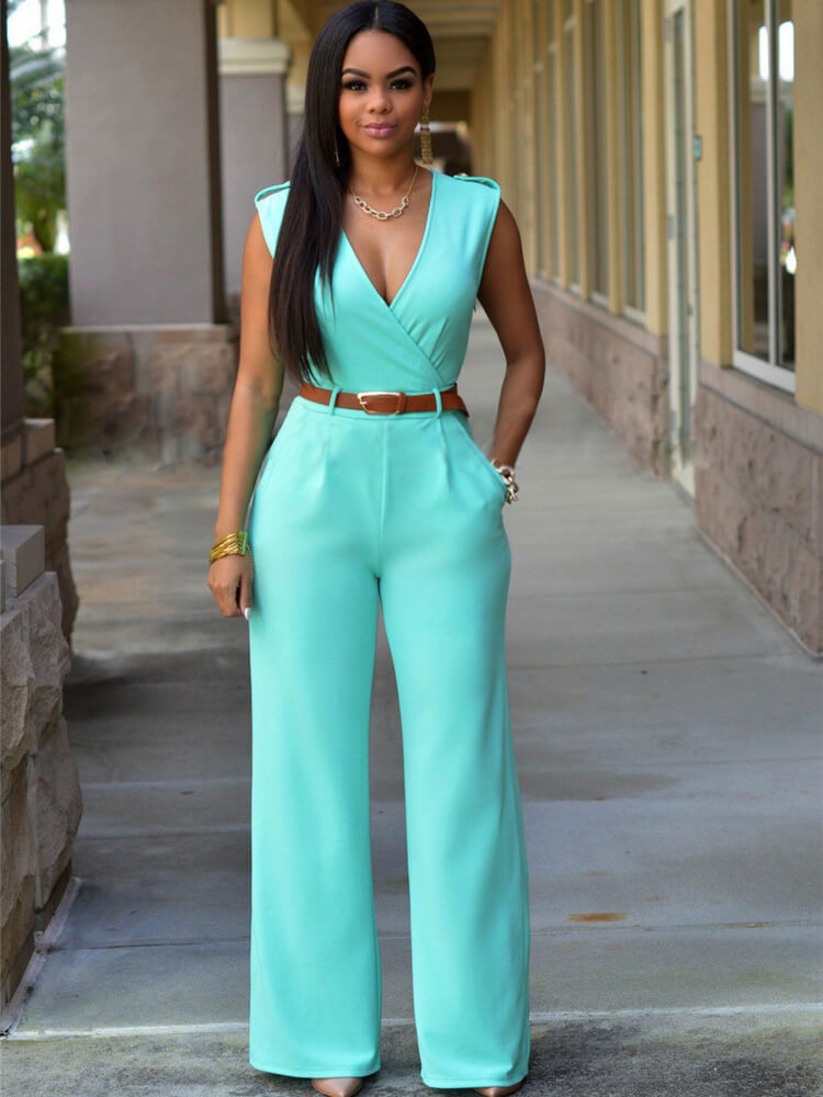 Sleevelesss V Neck Solid Wide Leg Jumpsuits Tiynon